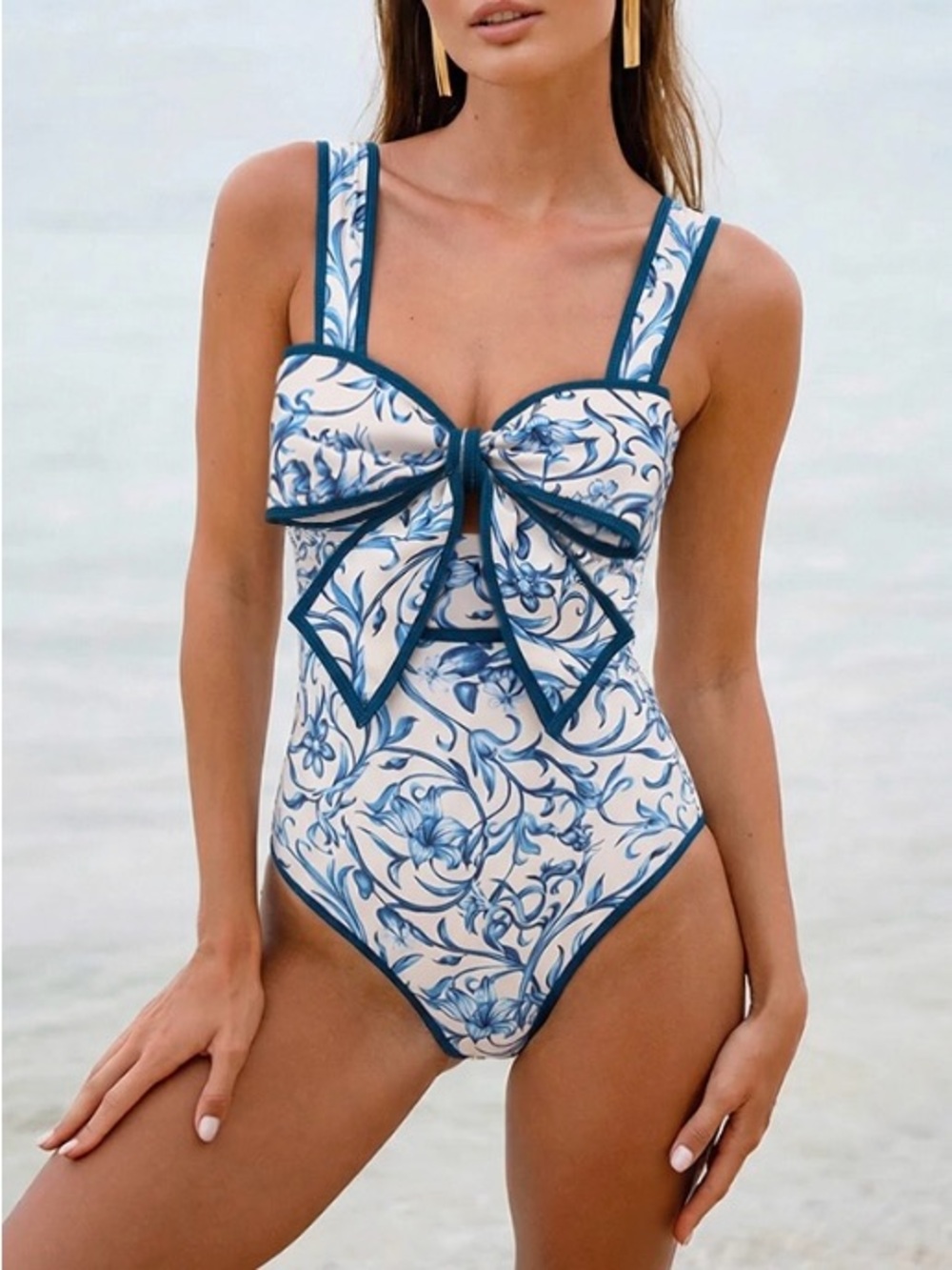 NWT Flaxmaker swim Blue bow Floral One-Piece Swimsuit with Matching skirt, small - Picture 4 of 4